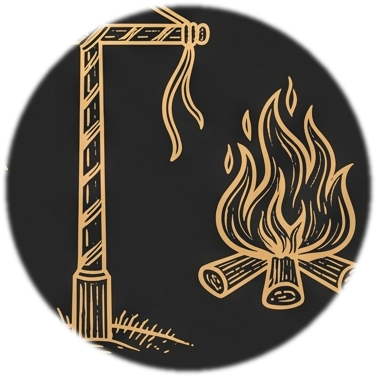 Emblema de Beltane: o mastro de maio com fita e a fogueira, gravura dourada sobre fundo escuro, recortado da Roda do Ano da Coleção Grimória