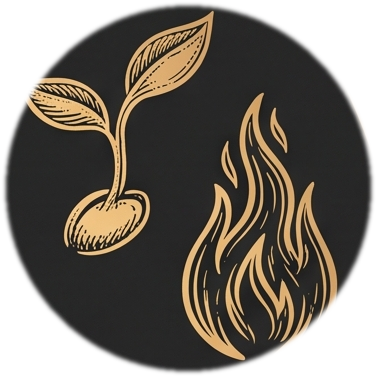 Emblema de Imbolc: broto e chama, gravura dourada sobre fundo escuro, recortado da Roda do Ano da Coleção Grimória
