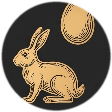 Emblema de Ostara: o ovo e a lebre, gravura dourada sobre fundo escuro, recortado da Roda do Ano da Coleção Grimória