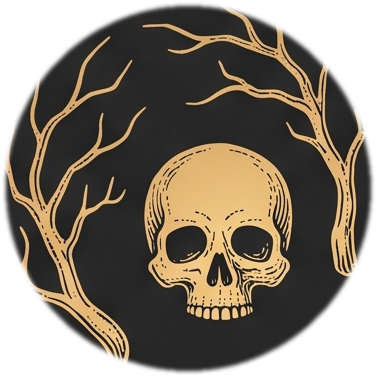 Emblema de Samhain: caveira e galhos, gravura dourada sobre fundo escuro, recortado da Roda do Ano da Coleção Grimória